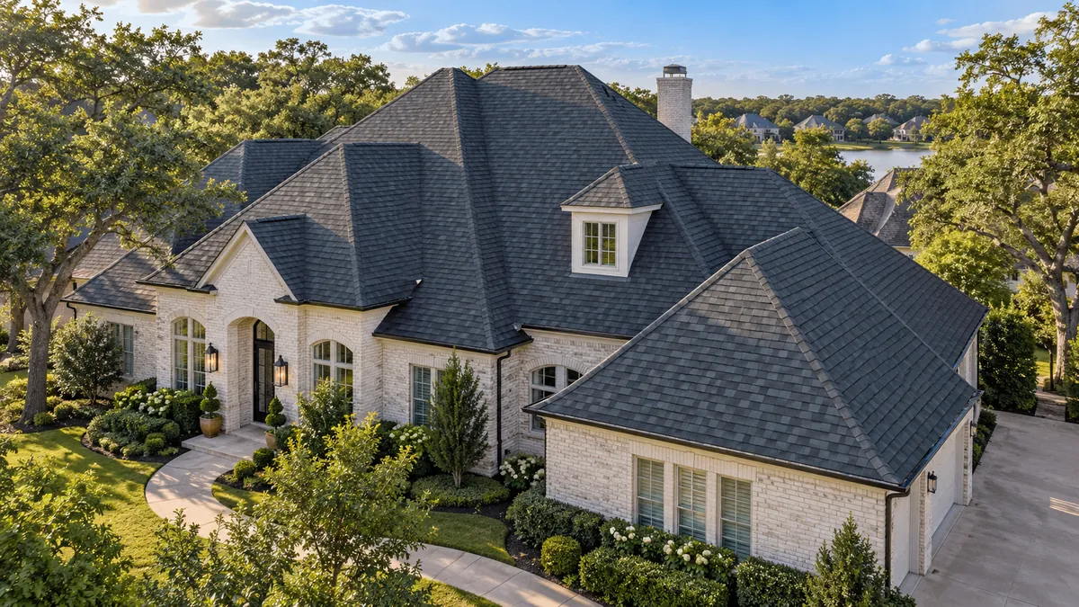 AI-generated illustration of a Texas-style home with a charcoal shingle roof